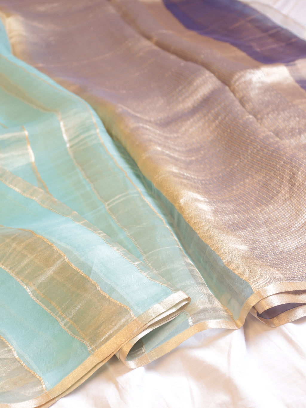 Pre-Order : Mint Blue Pure Tissue Kora Silk Handloom Saree with Contrast Blouse