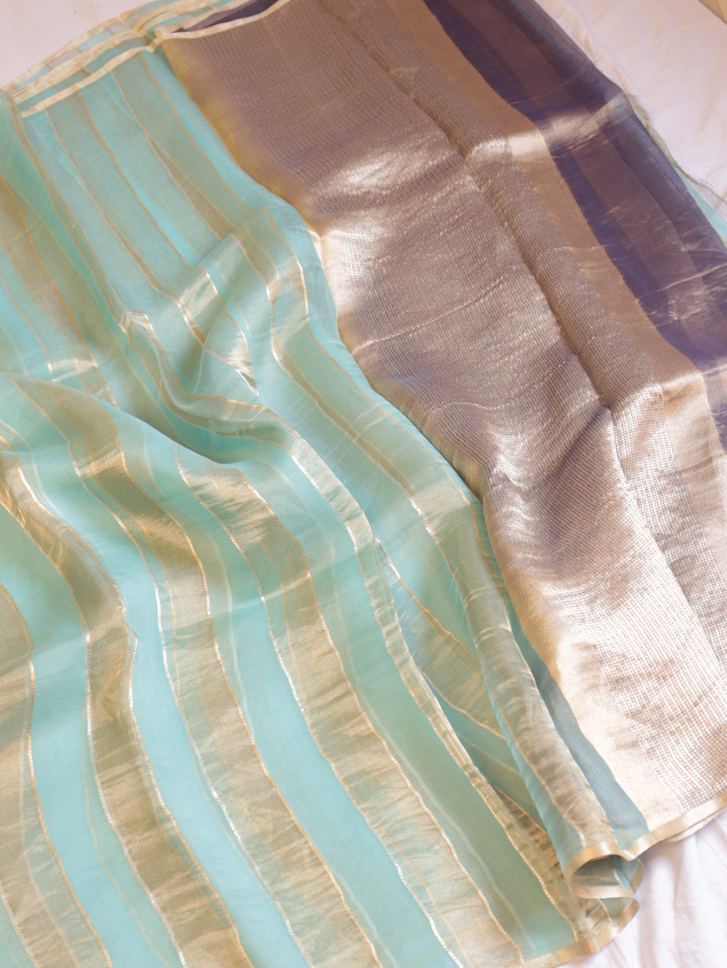 Pre-Order : Mint Blue Pure Tissue Kora Silk Handloom Saree with Contrast Blouse
