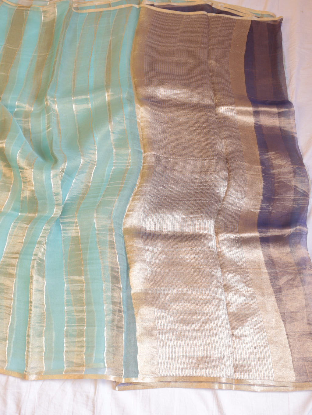 Pre-Order : Mint Blue Pure Tissue Kora Silk Handloom Saree with Contrast Blouse