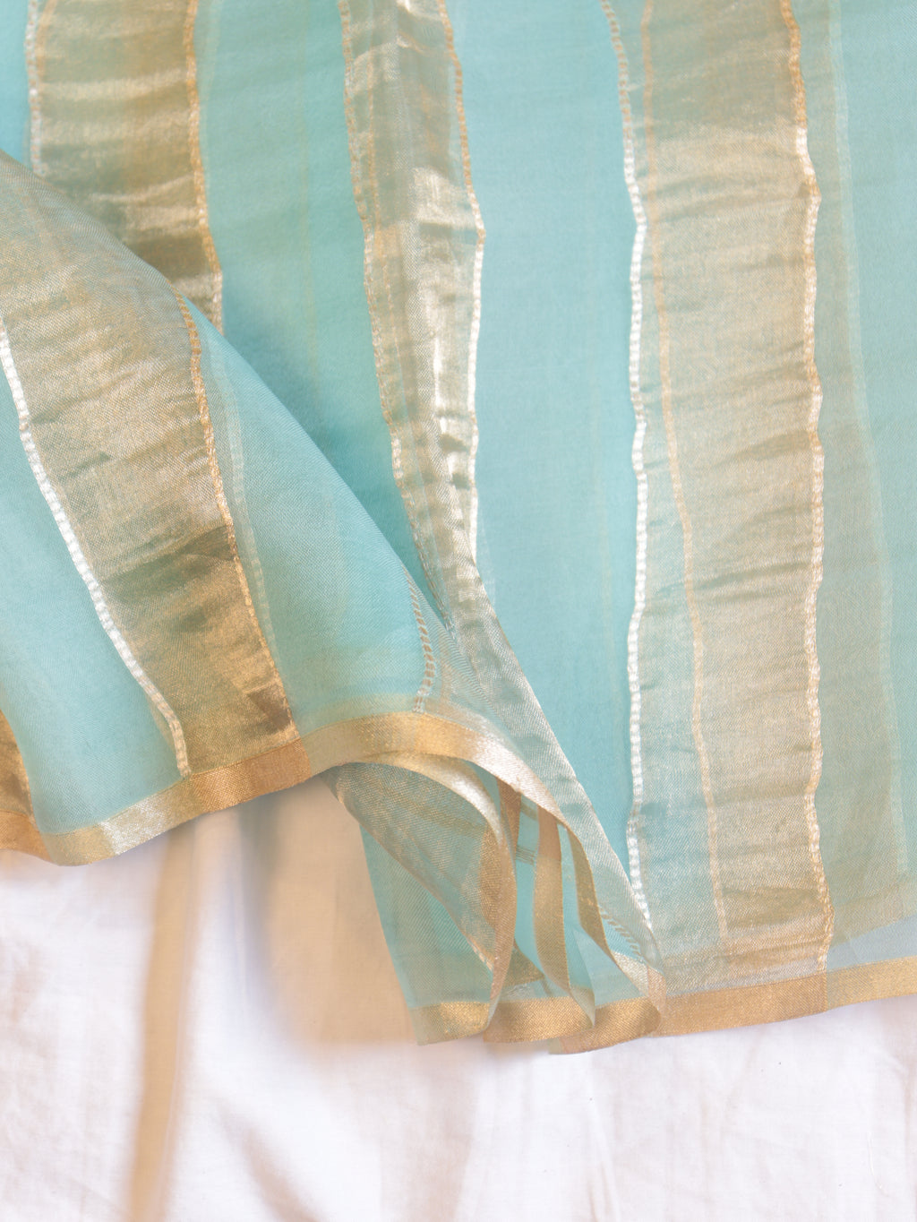 Pre-Order : Mint Blue Pure Tissue Kora Silk Handloom Saree with Contrast Blouse