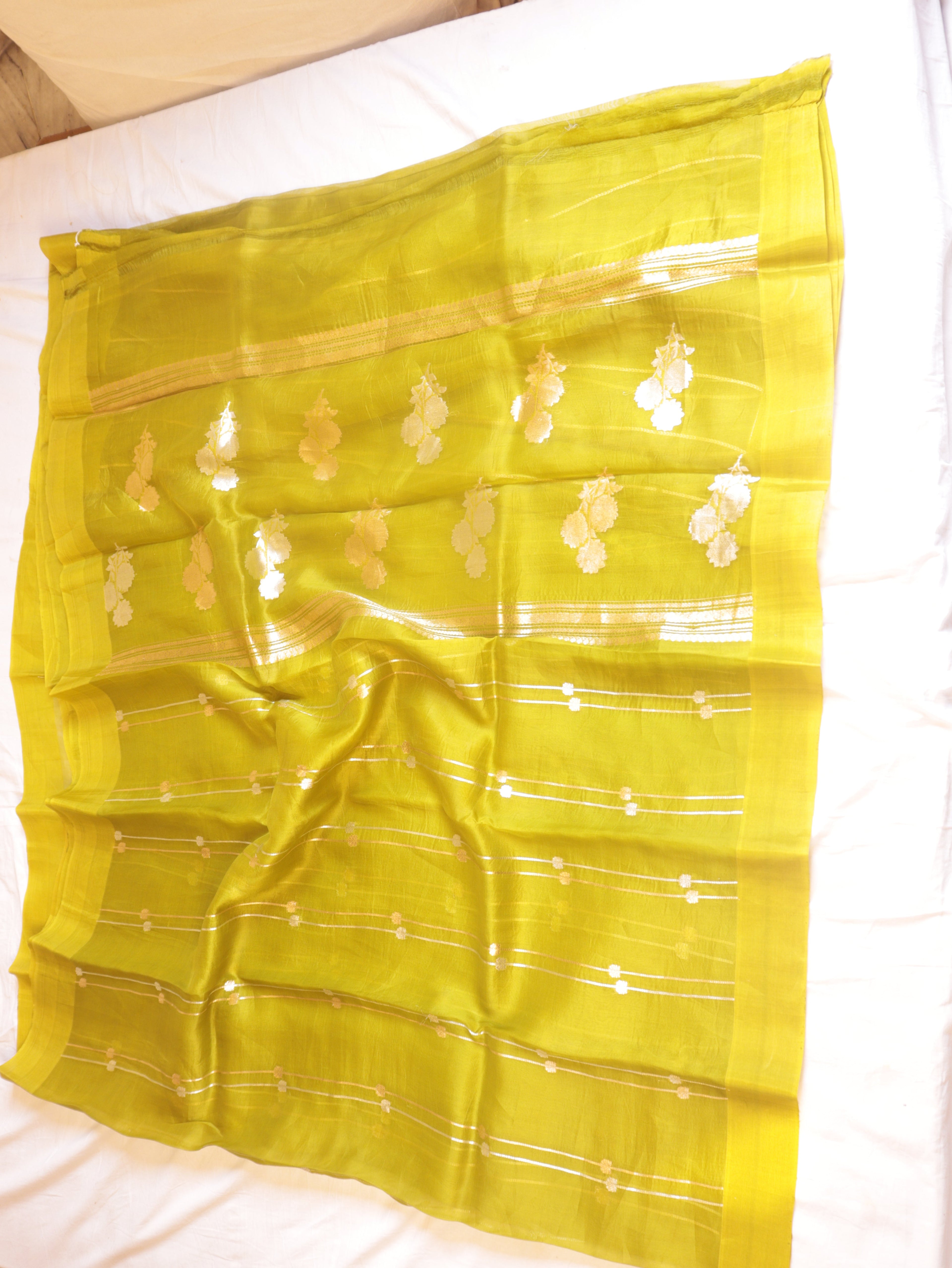 Lime Yellow Pure Kora Silk Handloom Saree with Stripes Blouse