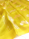 Lime Yellow Pure Kora Silk Handloom Saree with Stripes Blouse