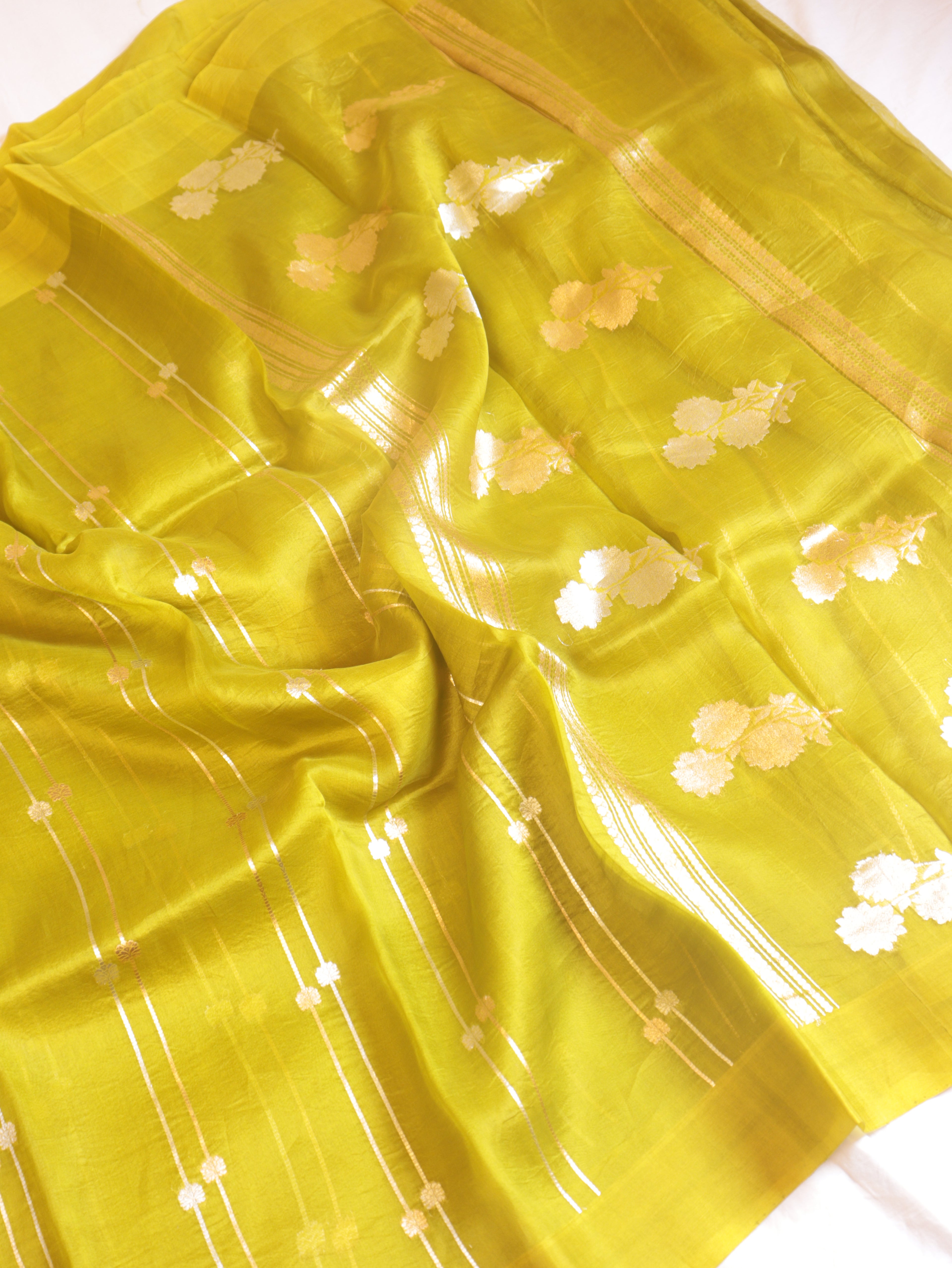 Lime Yellow Pure Kora Silk Handloom Saree with Stripes Blouse