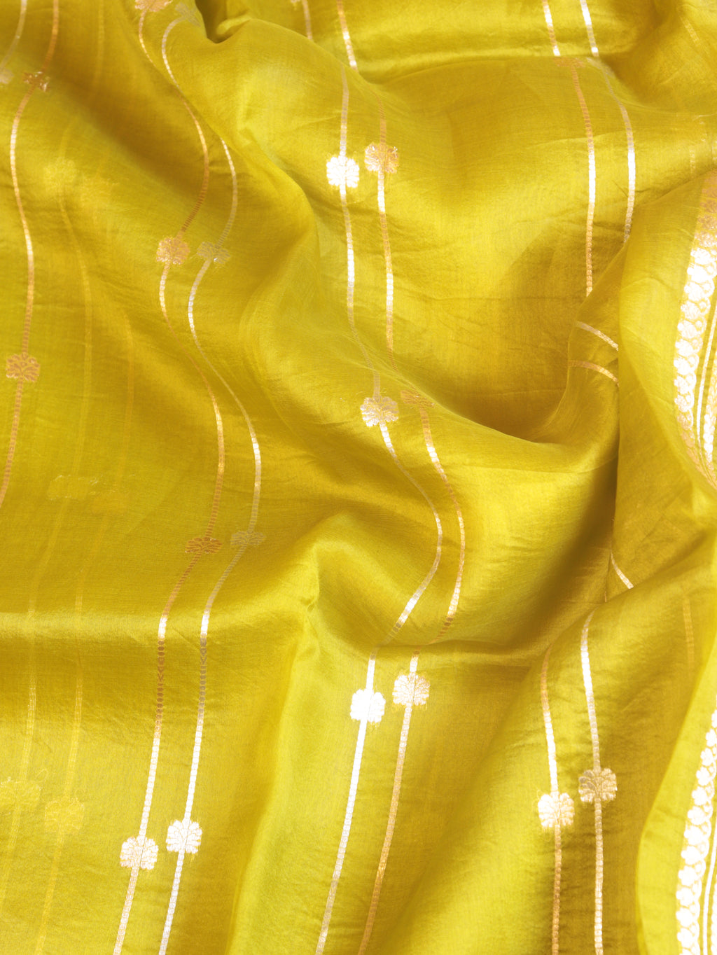 Lime Yellow Pure Kora Silk Handloom Saree with Stripes Blouse