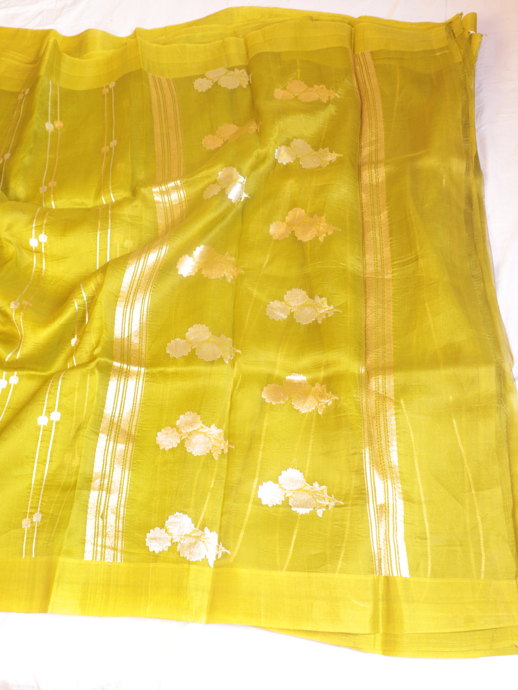 Lime Yellow Pure Kora Silk Handloom Saree with Stripes Blouse