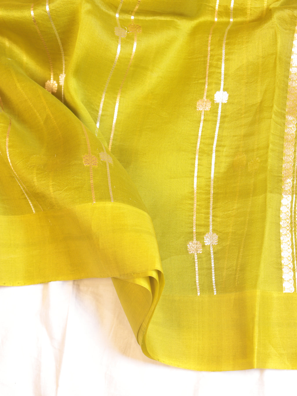 Lime Yellow Pure Kora Silk Handloom Saree with Stripes Blouse