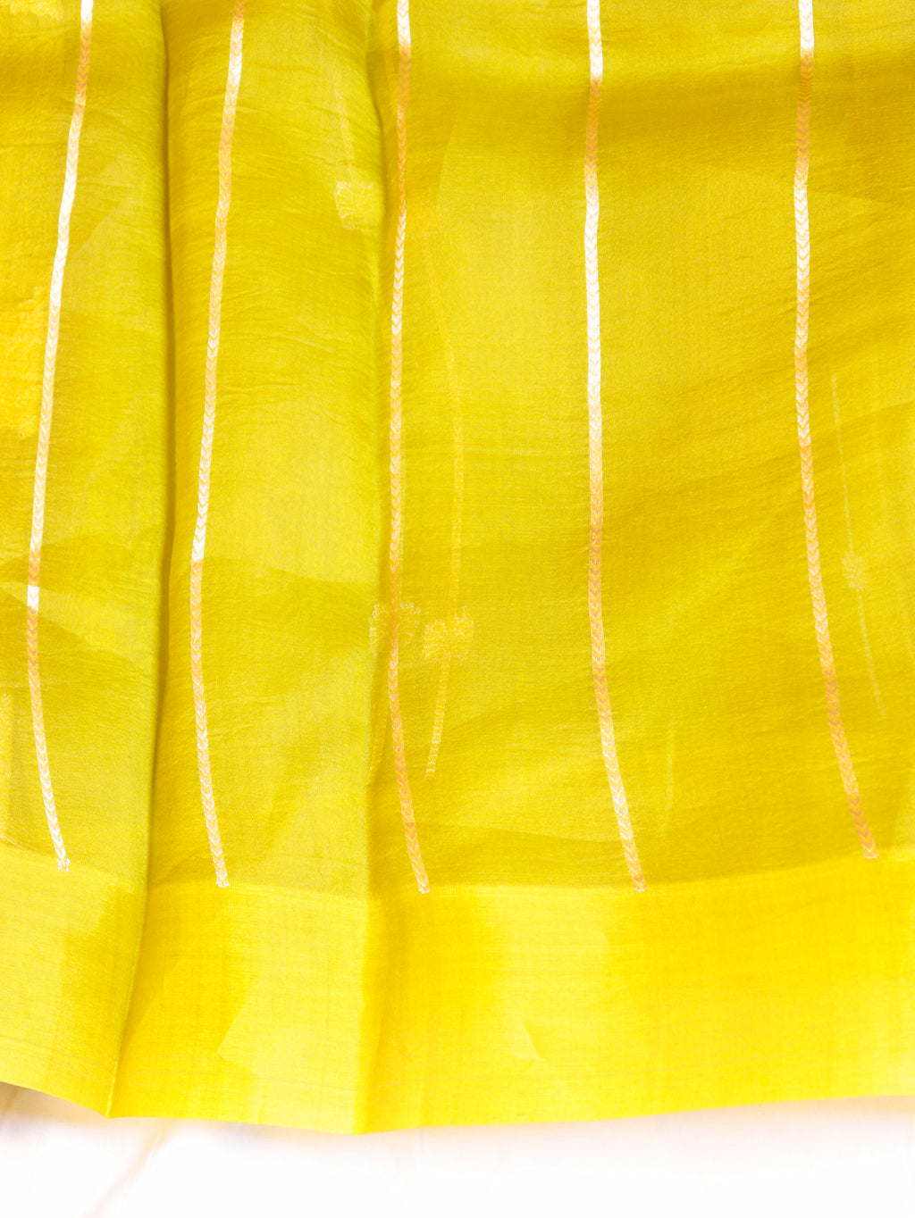 Lime Yellow Pure Kora Silk Handloom Saree with Stripes Blouse