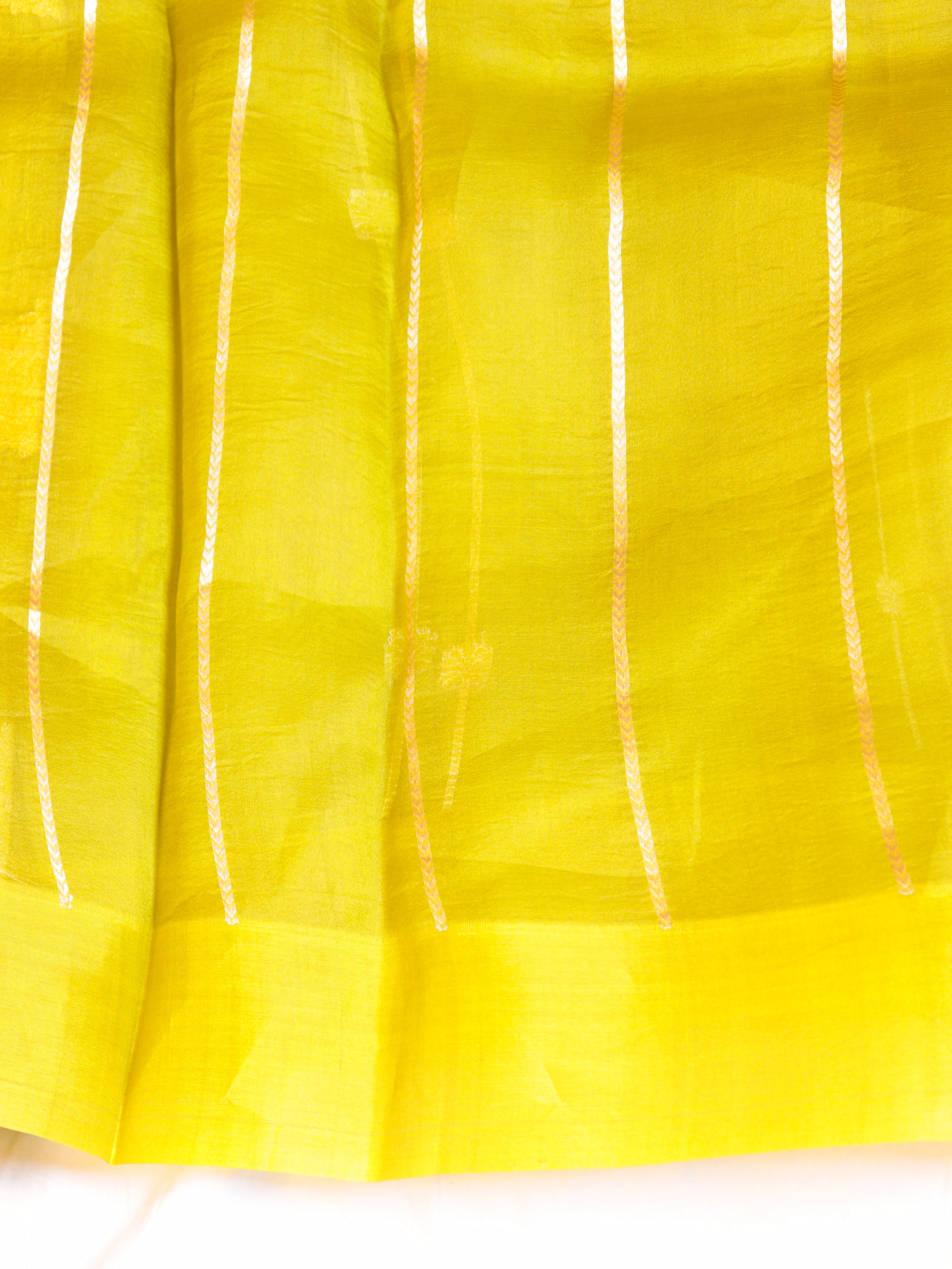 Lime Yellow Pure Kora Silk Handloom Saree with Stripes Blouse