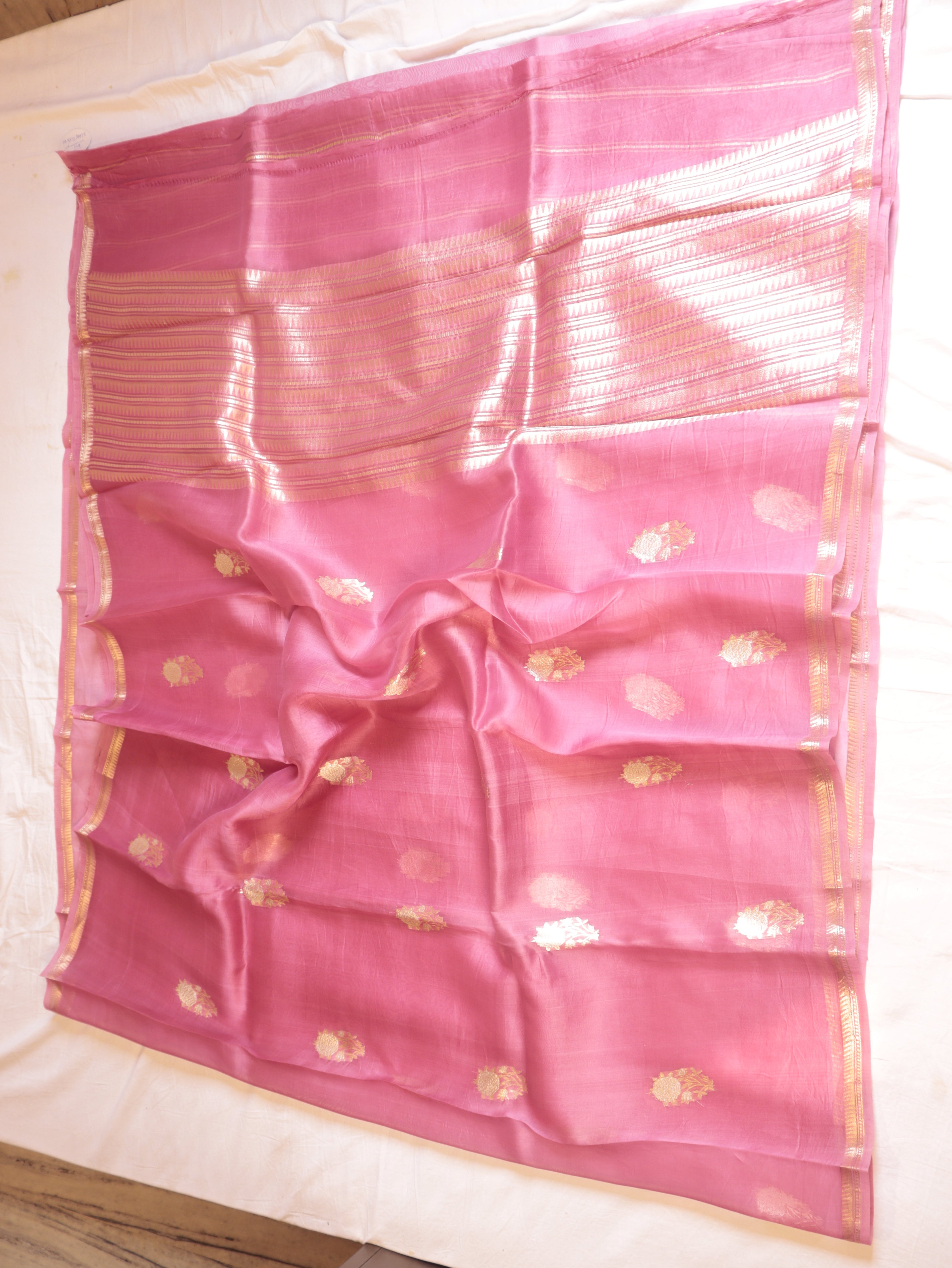 Pre-Order : Rosy Pink Pure Kora Silk Handloom Saree with Stripes Blouse