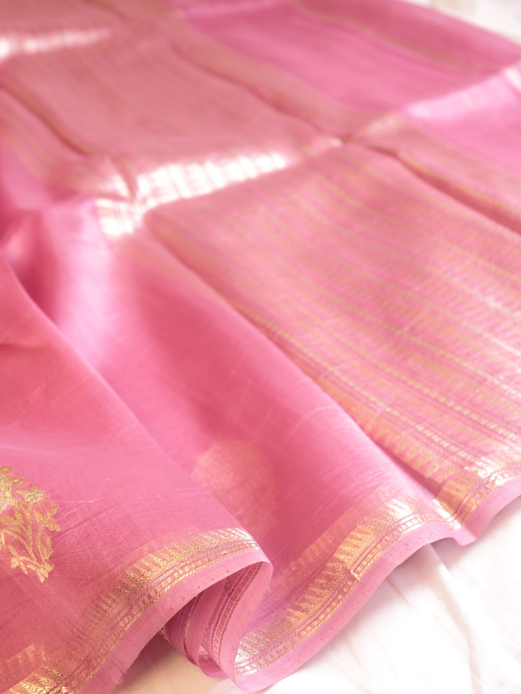 Pre-Order : Rosy Pink Pure Kora Silk Handloom Saree with Stripes Blouse