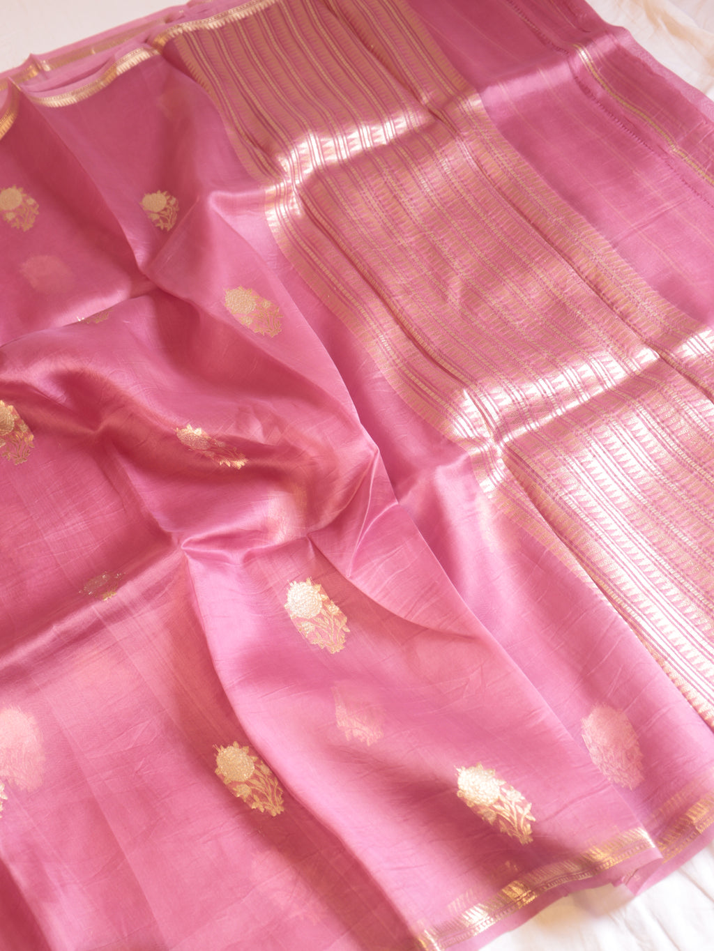 Pre-Order : Rosy Pink Pure Kora Silk Handloom Saree with Stripes Blouse