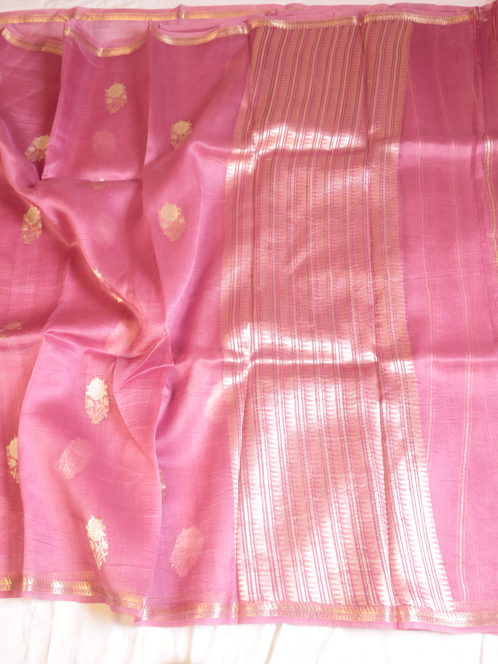 Pre-Order : Rosy Pink Pure Kora Silk Handloom Saree with Stripes Blouse