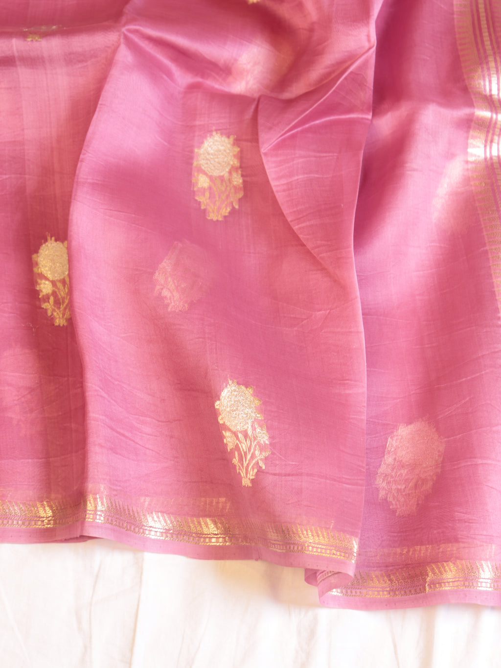 Pre-Order : Rosy Pink Pure Kora Silk Handloom Saree with Stripes Blouse