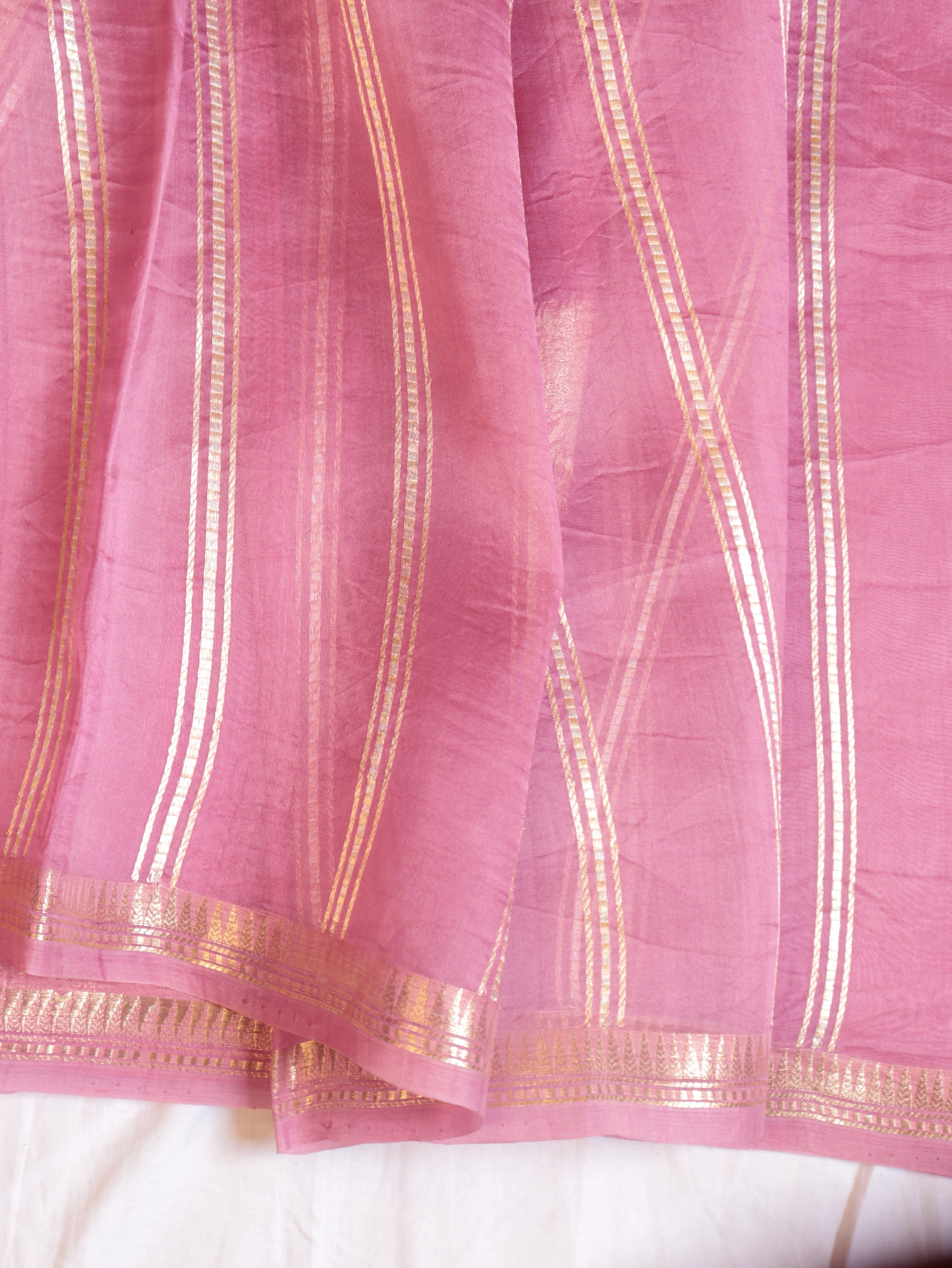 Pre-Order : Rosy Pink Pure Kora Silk Handloom Saree with Stripes Blouse