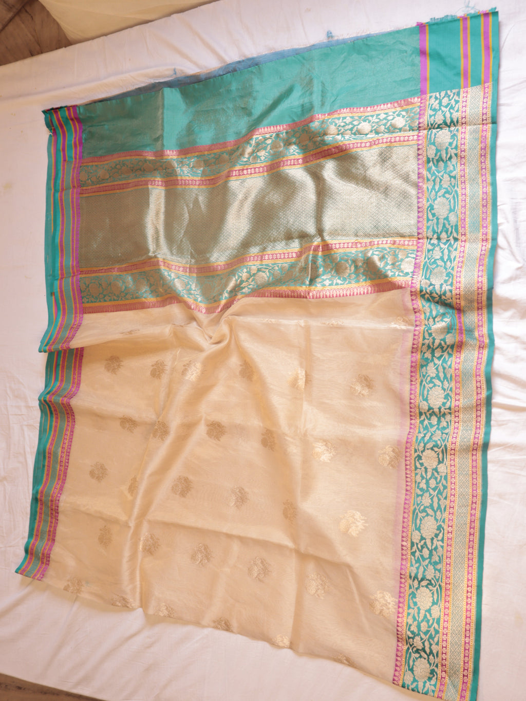 Golden Beige Pure Tissue Silk Handloom Saree with Stripes Blouse