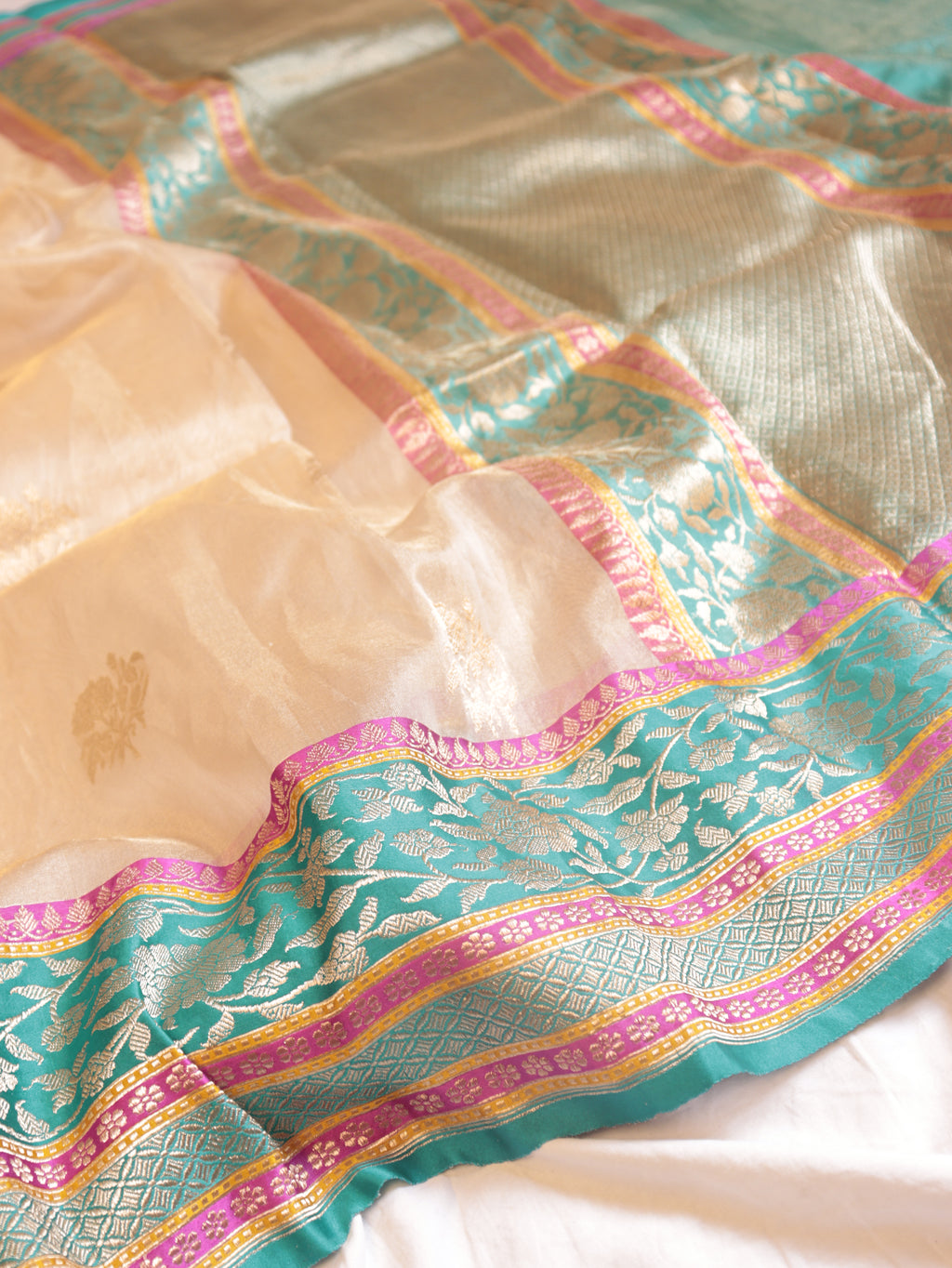 Golden Beige Pure Tissue Silk Handloom Saree with Stripes Blouse