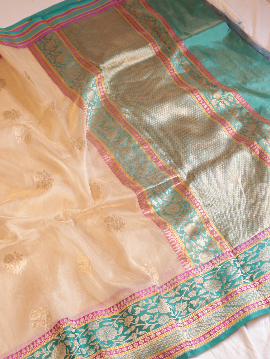 Golden Beige Pure Tissue Silk Handloom Saree with Stripes Blouse