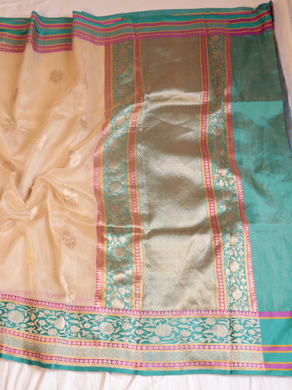 Golden Beige Pure Tissue Silk Handloom Saree with Stripes Blouse
