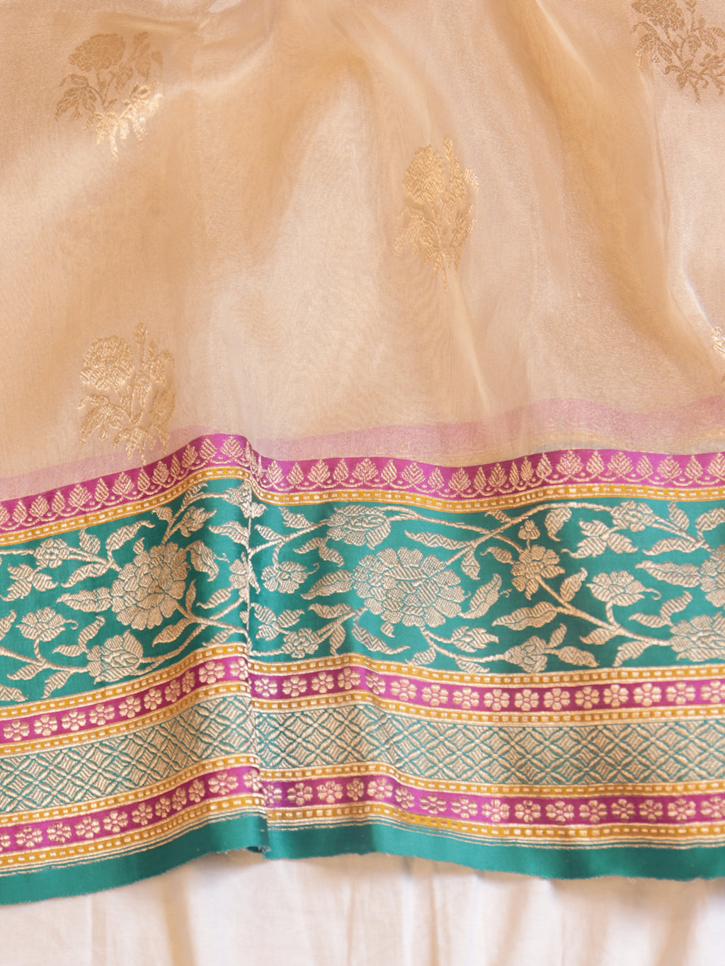 Golden Beige Pure Tissue Silk Handloom Saree with Stripes Blouse
