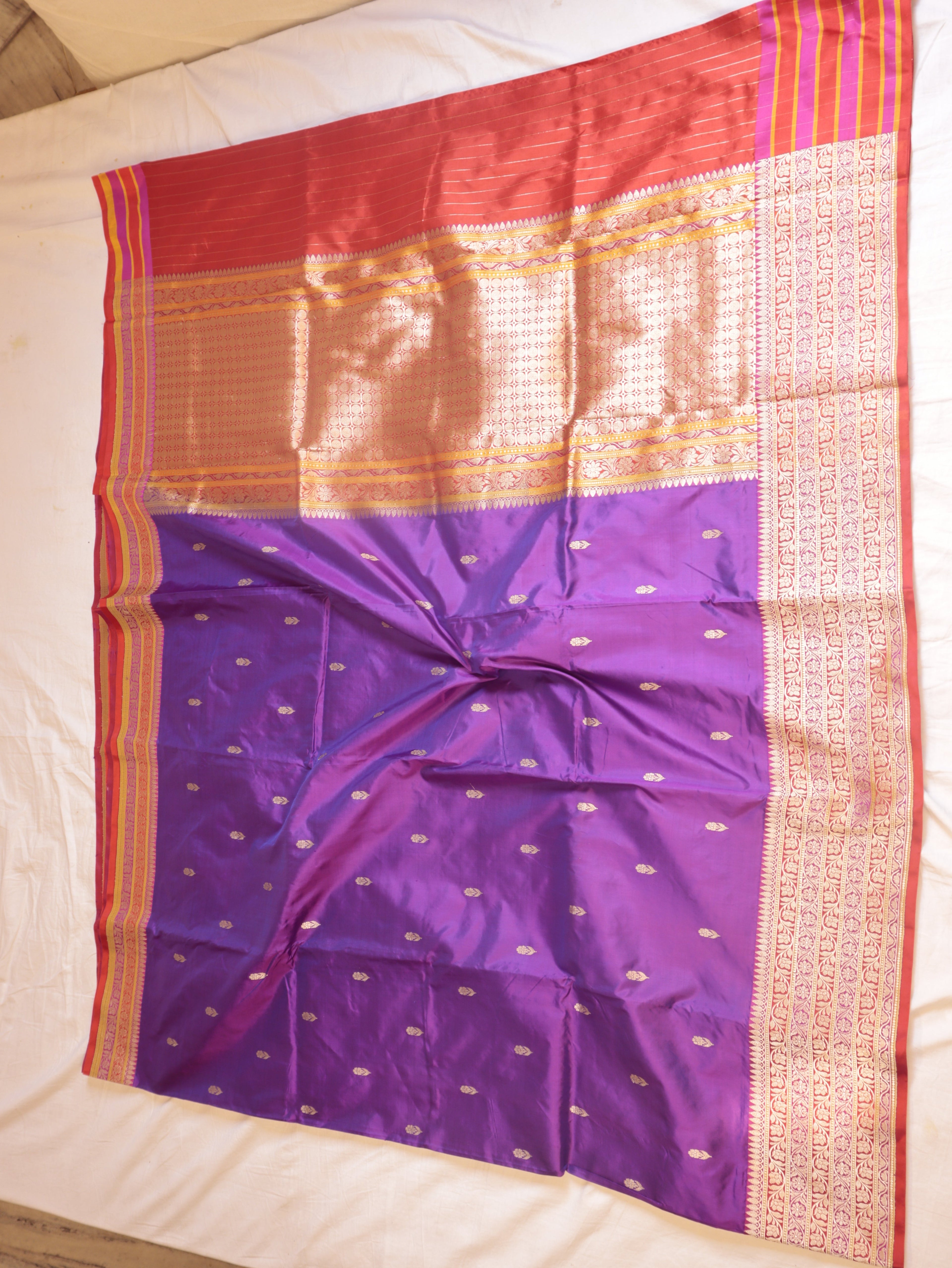 Purple Pure Katan Silk Handloom Saree with Stripes Border