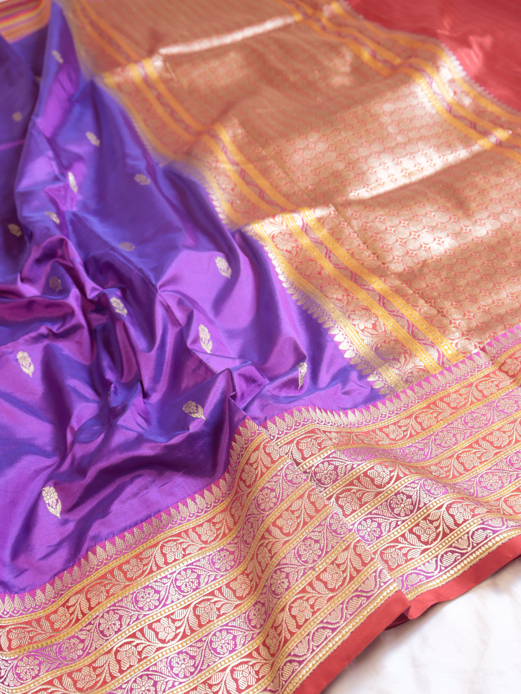 Purple Pure Katan Silk Handloom Saree with Stripes Border