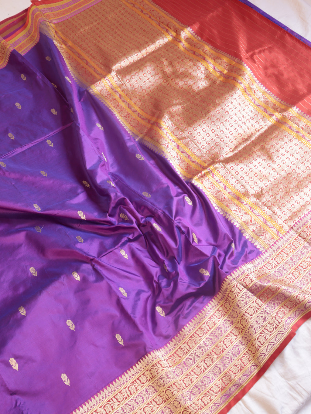 Purple Pure Katan Silk Handloom Saree with Stripes Border