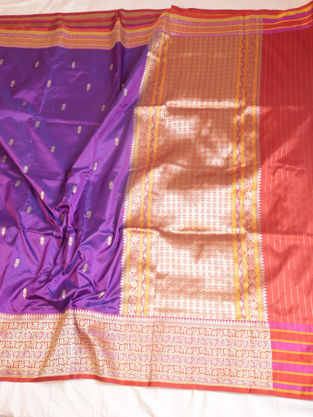 Purple Pure Katan Silk Handloom Saree with Stripes Border