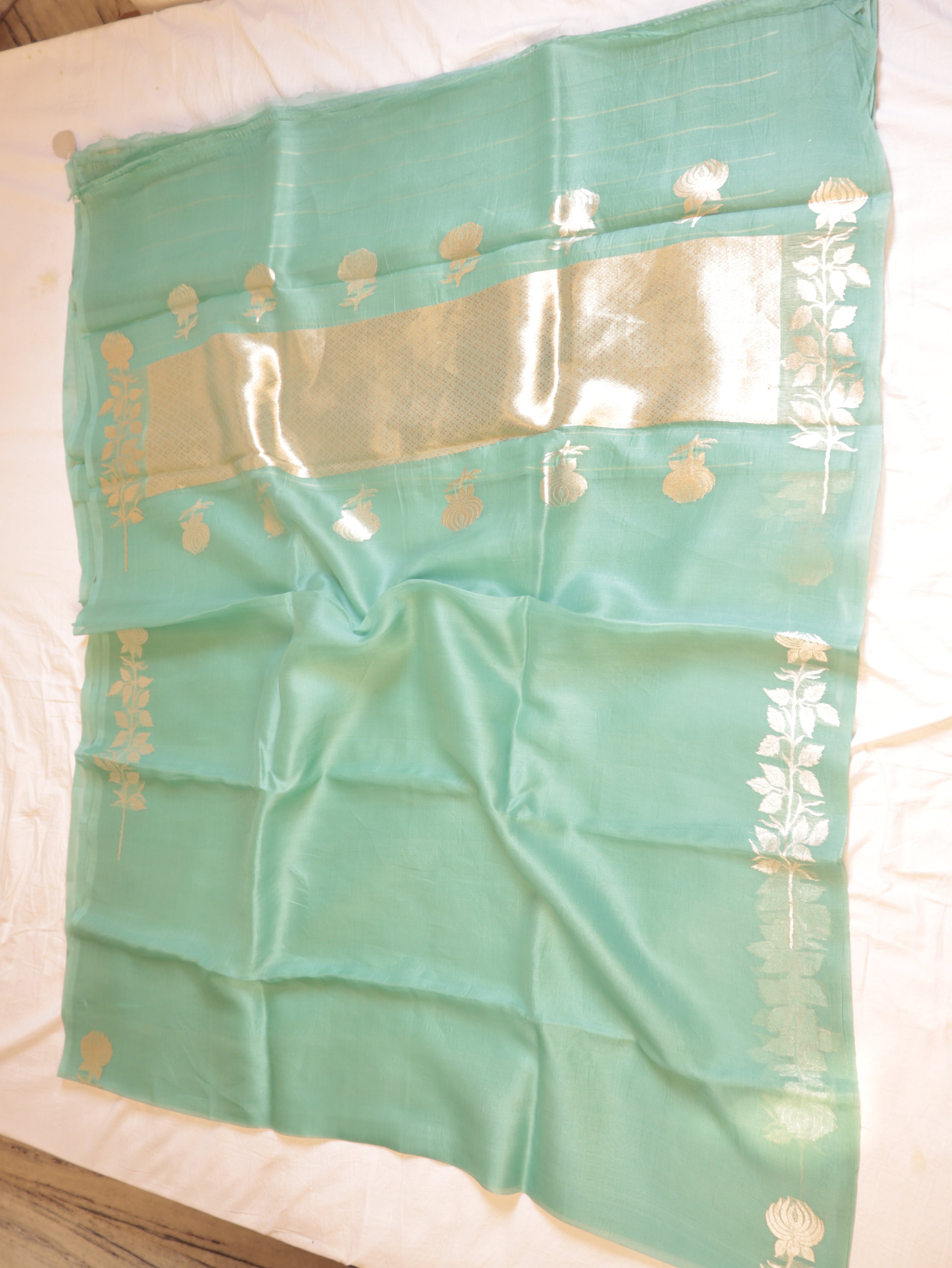 Ocean Green Pure Kora Silk Handloom Saree with Stripe Blouse