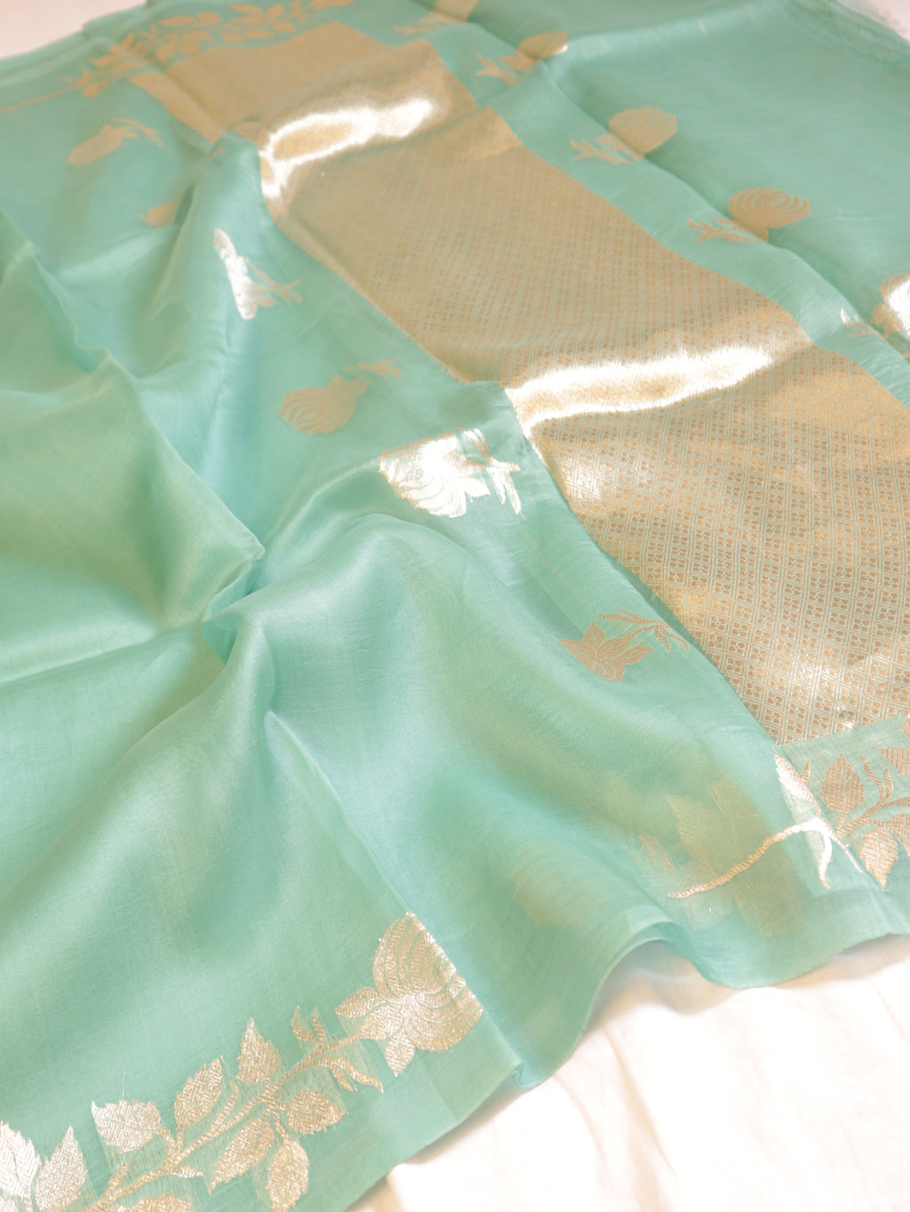 Ocean Green Pure Kora Silk Handloom Saree with Stripe Blouse