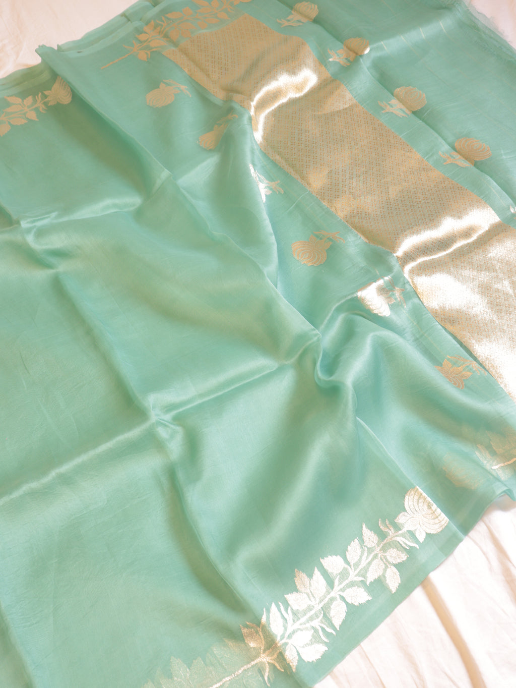 Ocean Green Pure Kora Silk Handloom Saree with Stripe Blouse