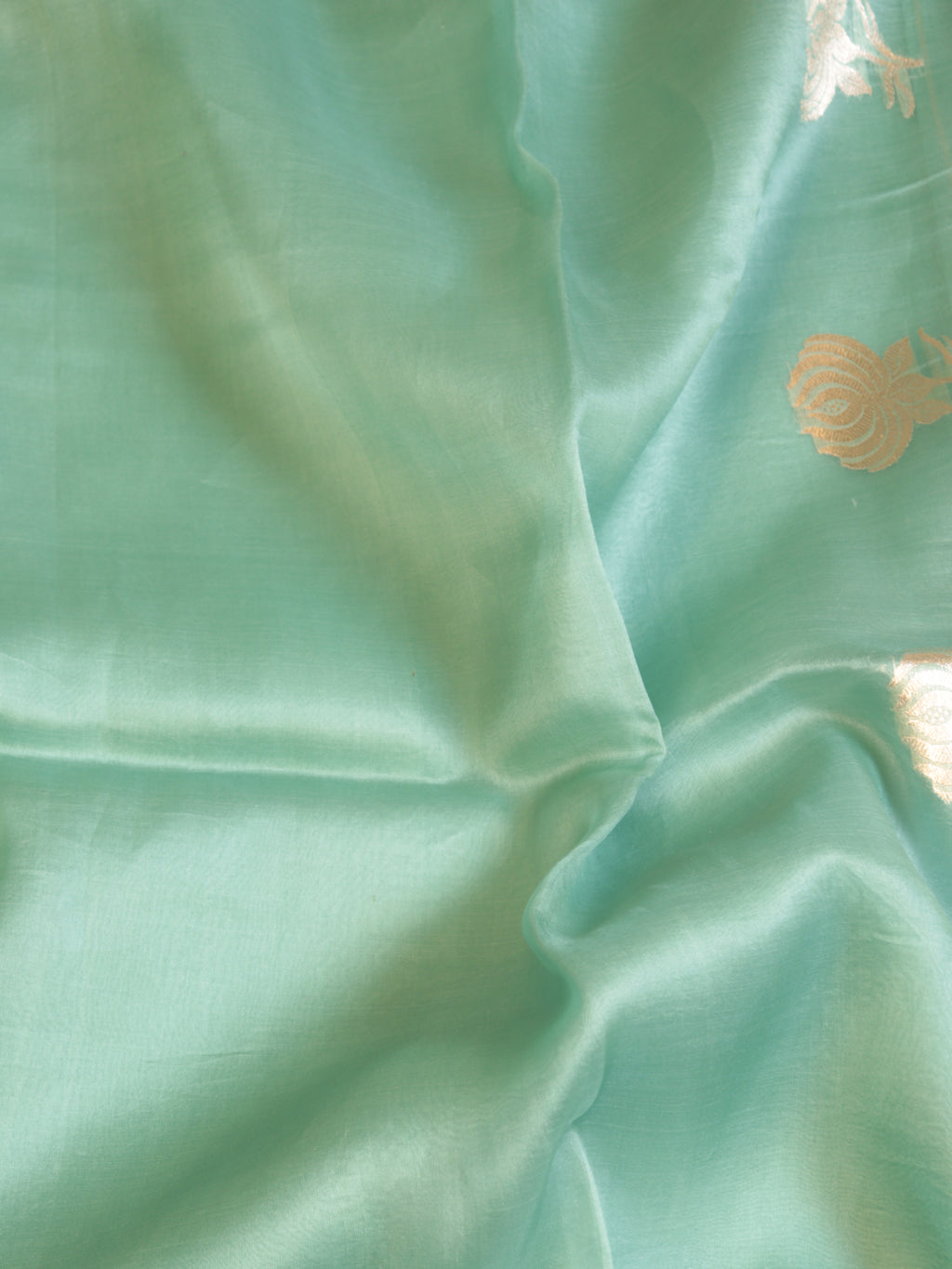 Ocean Green Pure Kora Silk Handloom Saree with Stripe Blouse