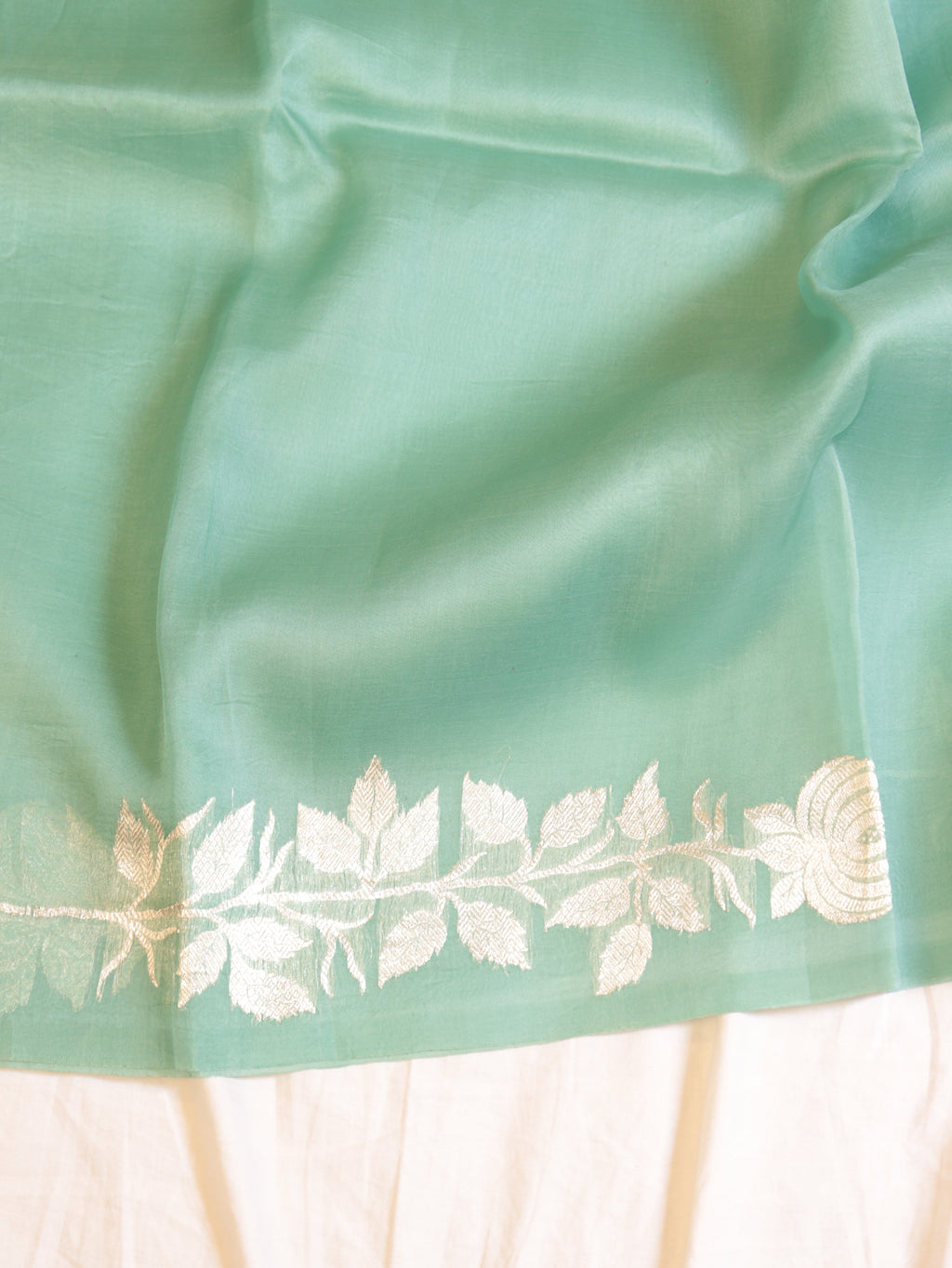 Ocean Green Pure Kora Silk Handloom Saree with Stripe Blouse