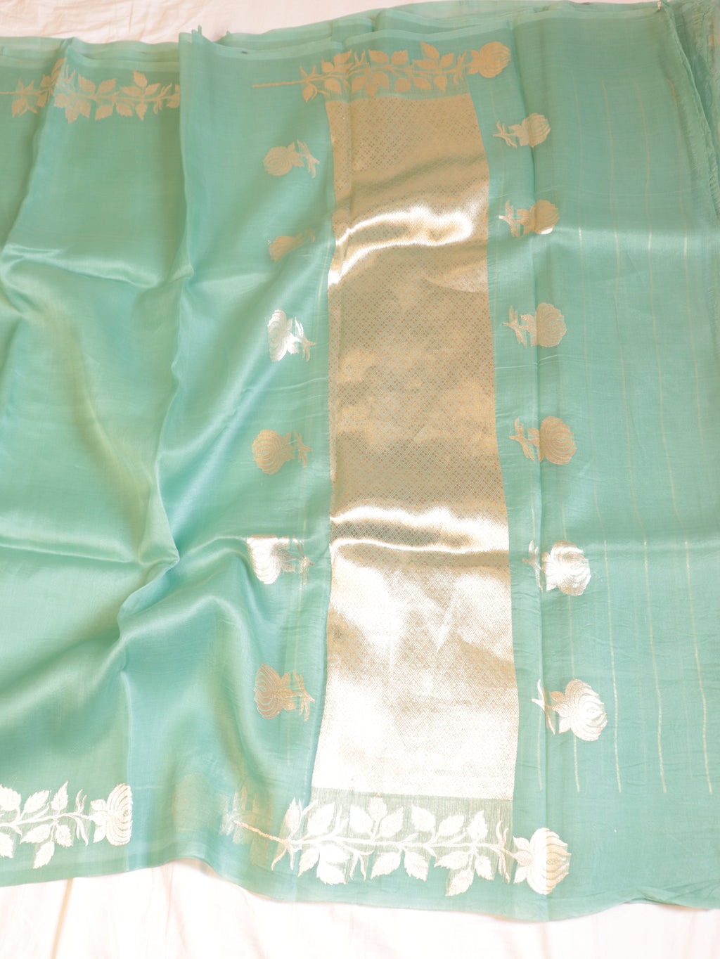 Ocean Green Pure Kora Silk Handloom Saree with Stripe Blouse