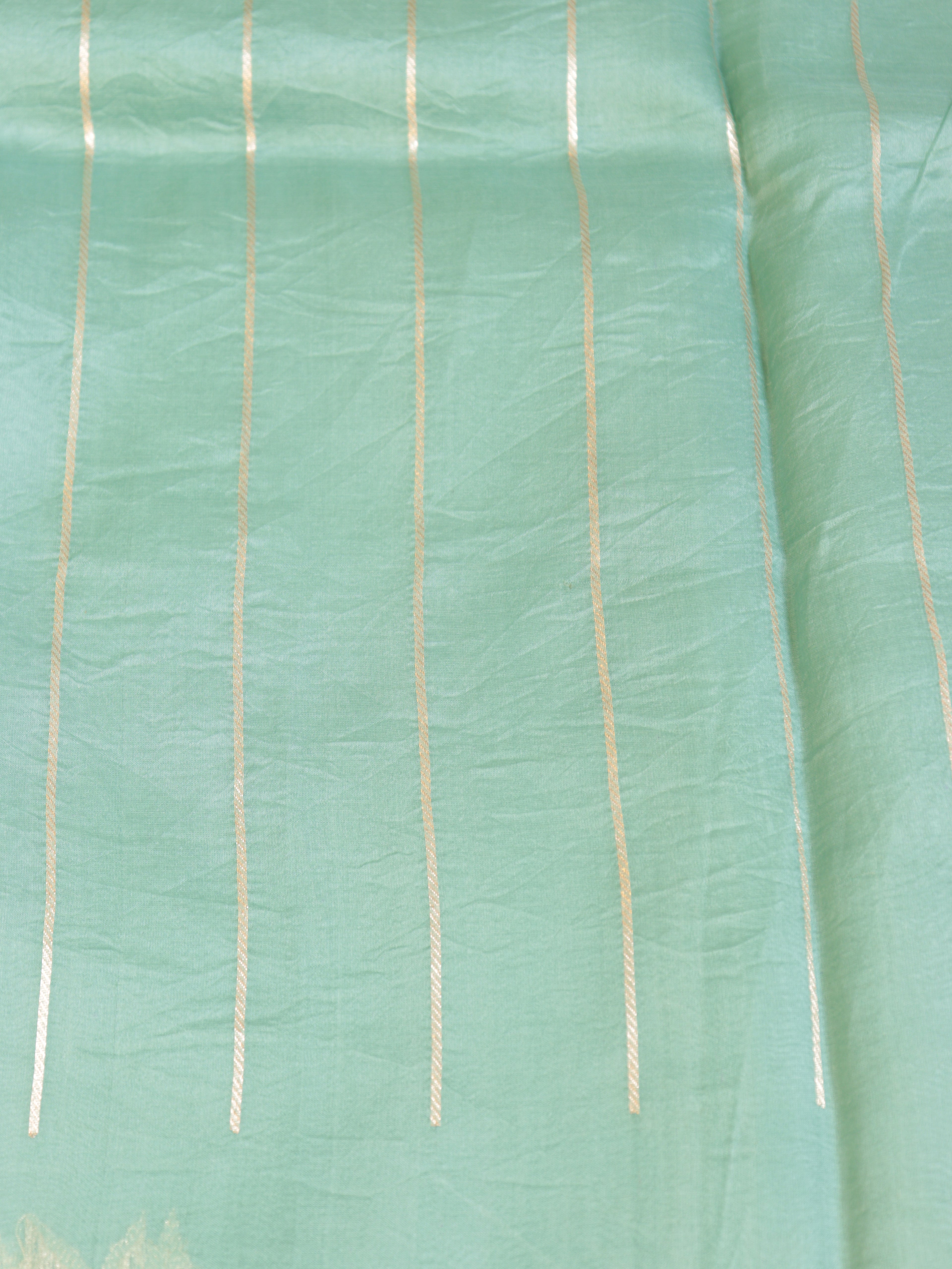 Ocean Green Pure Kora Silk Handloom Saree with Stripe Blouse