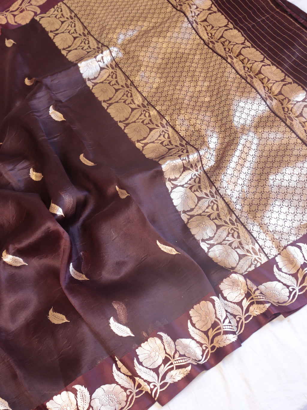 Deep Maroon Pure Kora Silk Handloom Saree with Stripes Blouse
