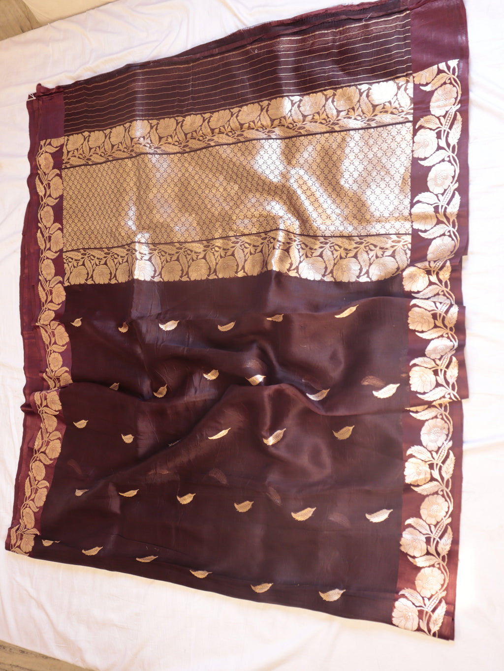 Deep Maroon Pure Kora Silk Handloom Saree with Stripes Blouse