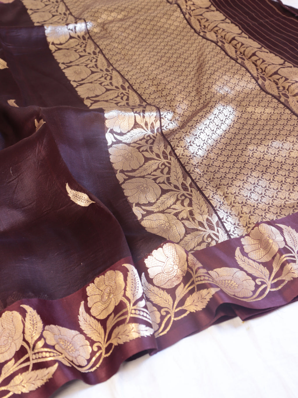 Deep Maroon Pure Kora Silk Handloom Saree with Stripes Blouse
