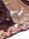 Deep Maroon Pure Kora Silk Handloom Saree with Stripes Blouse