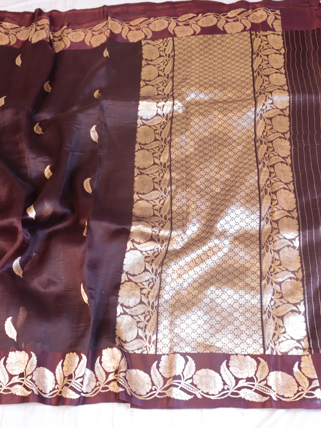 Deep Maroon Pure Kora Silk Handloom Saree with Stripes Blouse