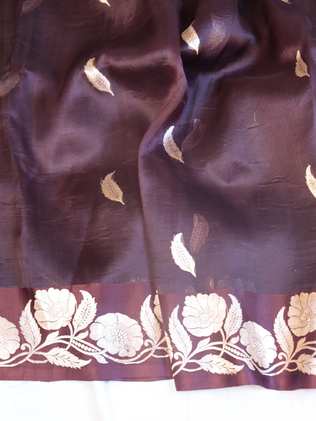 Deep Maroon Pure Kora Silk Handloom Saree with Stripes Blouse