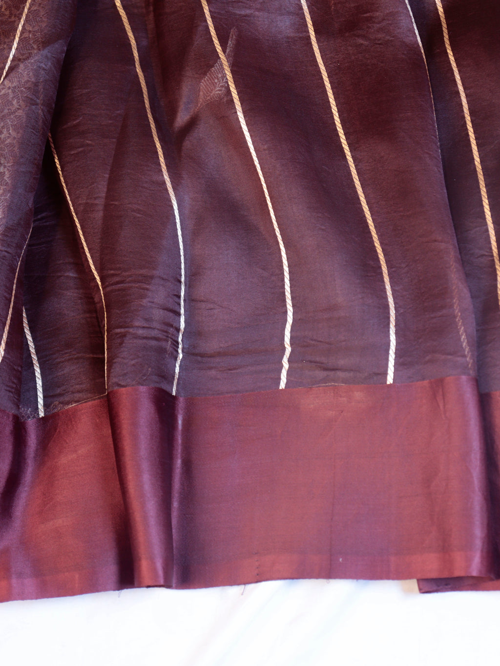 Deep Maroon Pure Kora Silk Handloom Saree with Stripes Blouse