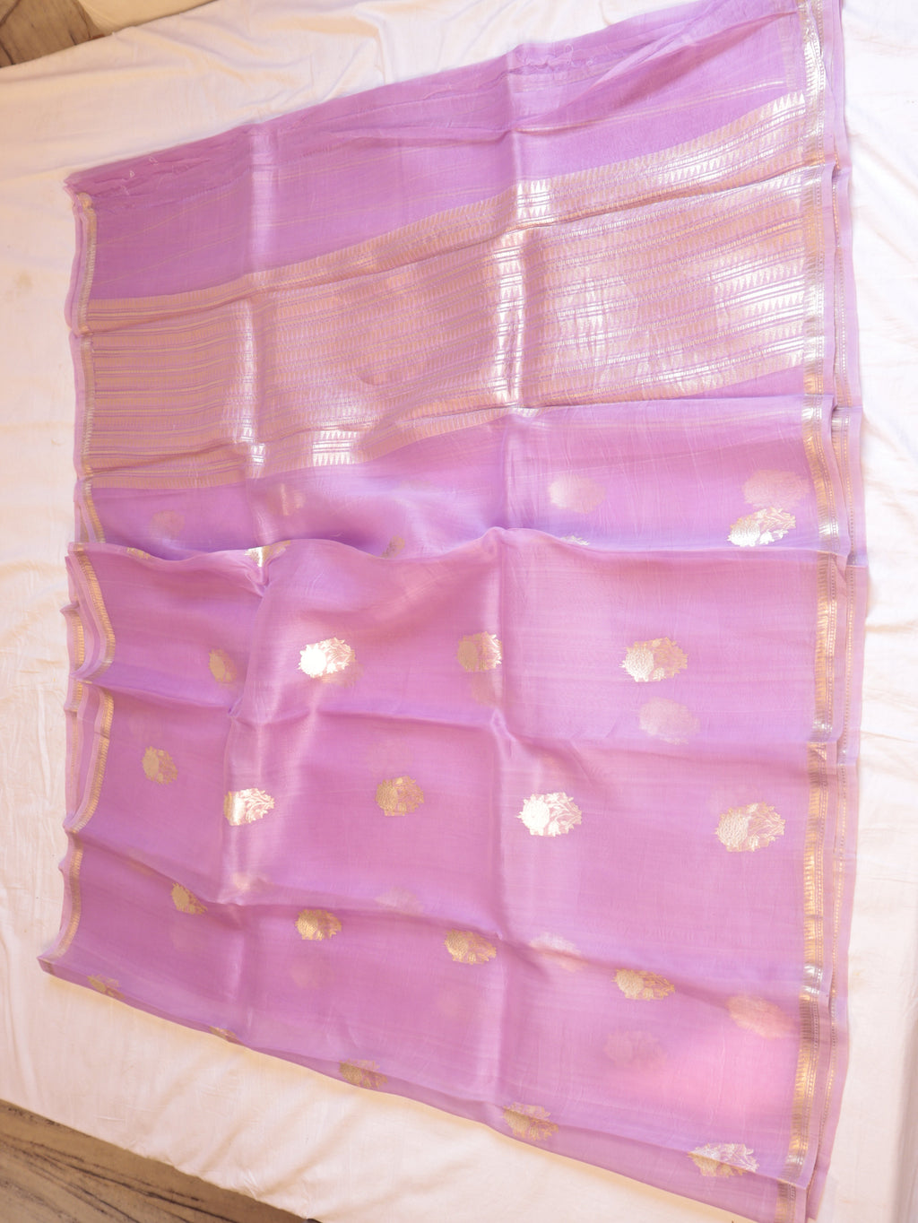 Lavender Pure Kora Silk Handloom Saree with Stripes Blouse