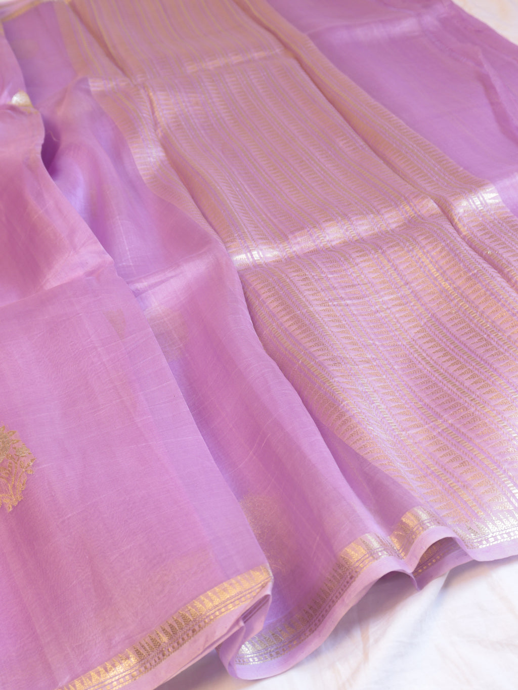 Lavender Pure Kora Silk Handloom Saree with Stripes Blouse