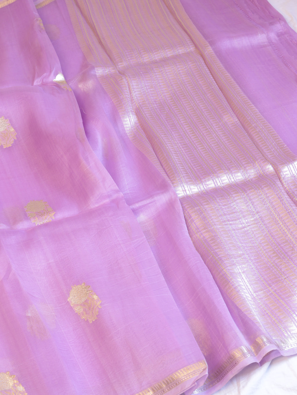 Lavender Pure Kora Silk Handloom Saree with Stripes Blouse