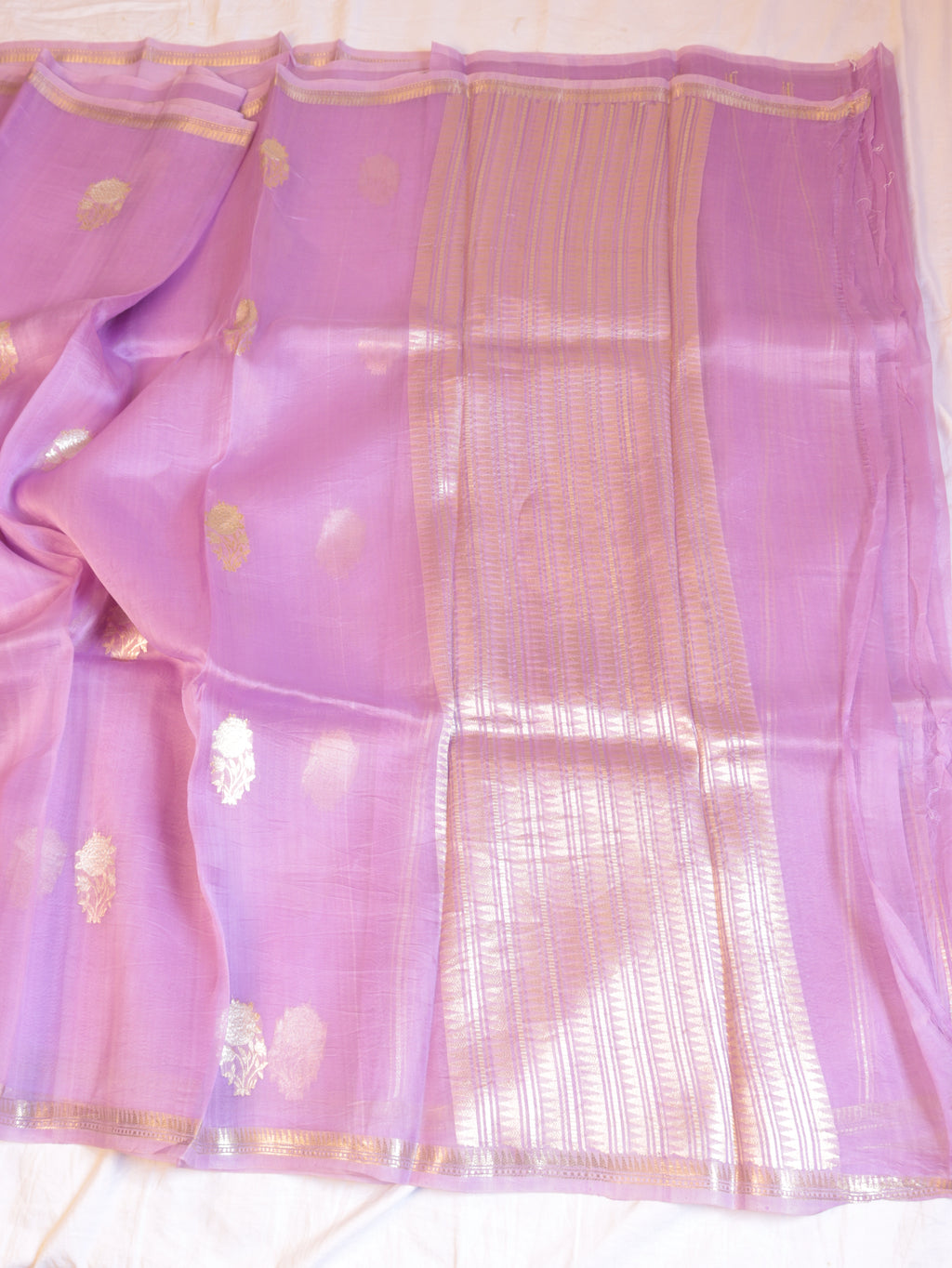 Lavender Pure Kora Silk Handloom Saree with Stripes Blouse