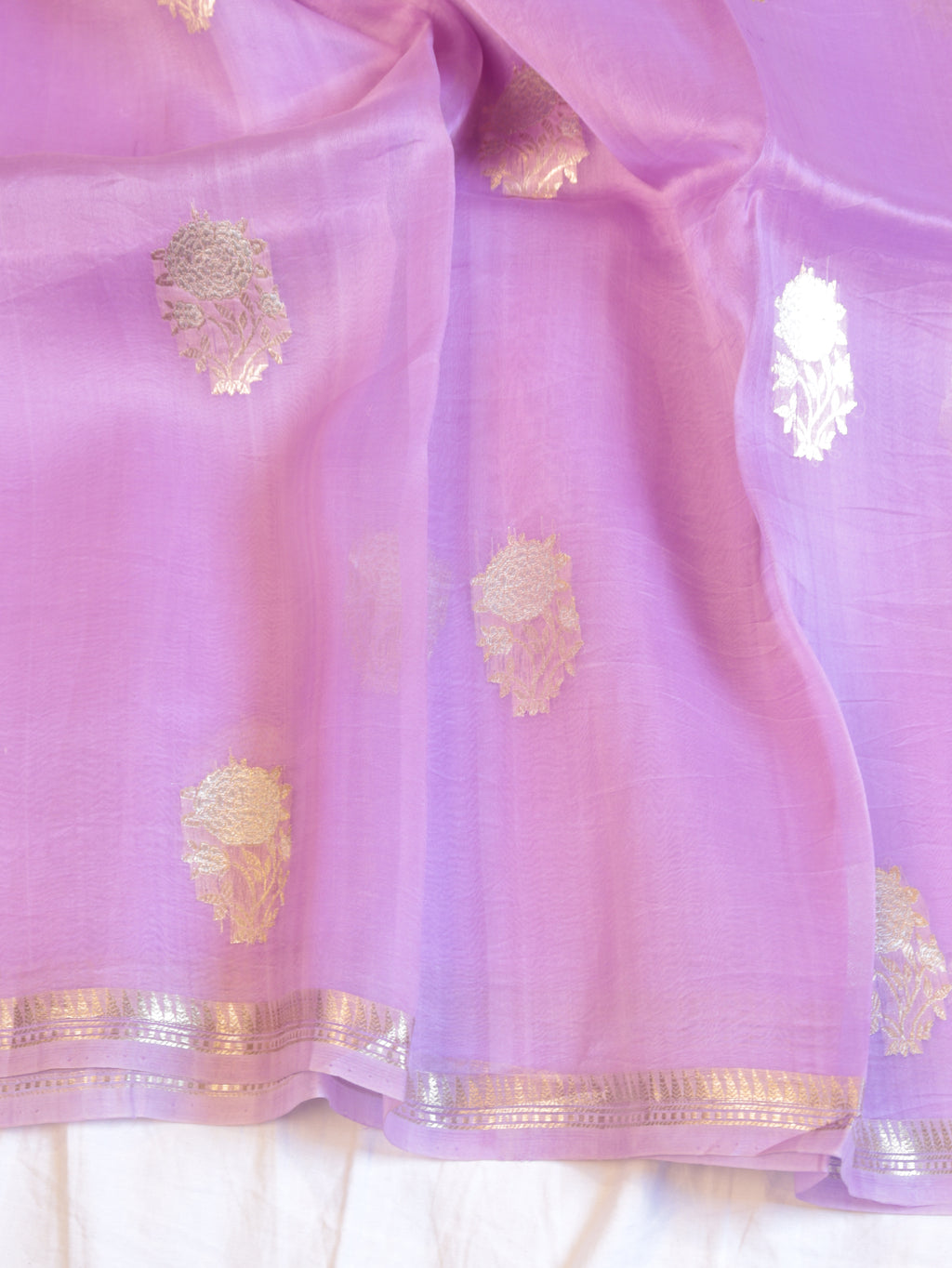 Lavender Pure Kora Silk Handloom Saree with Stripes Blouse