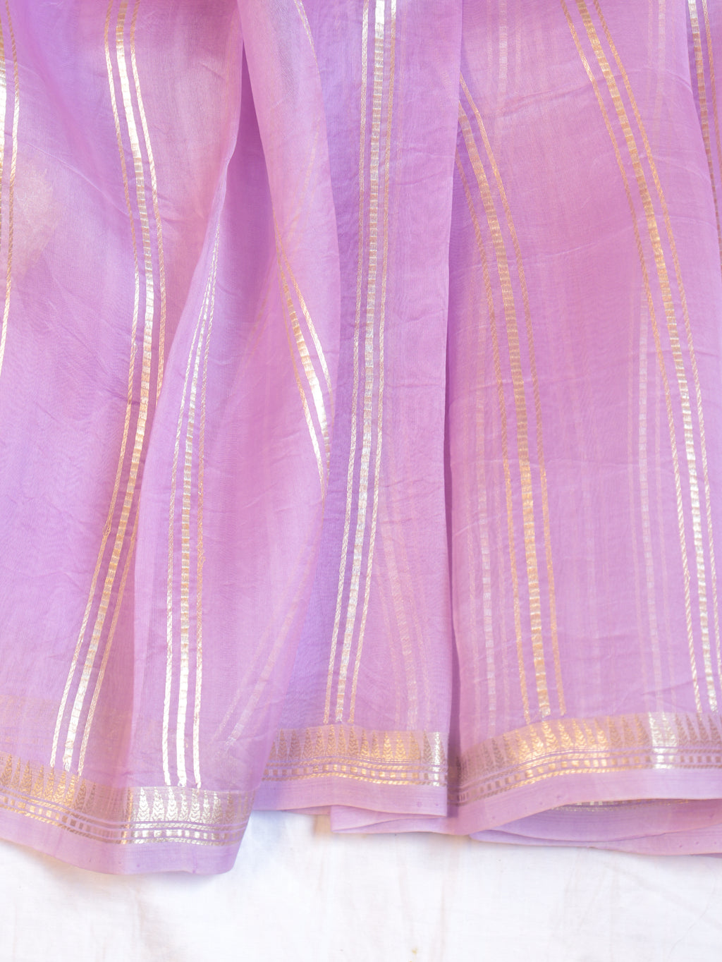 Lavender Pure Kora Silk Handloom Saree with Stripes Blouse