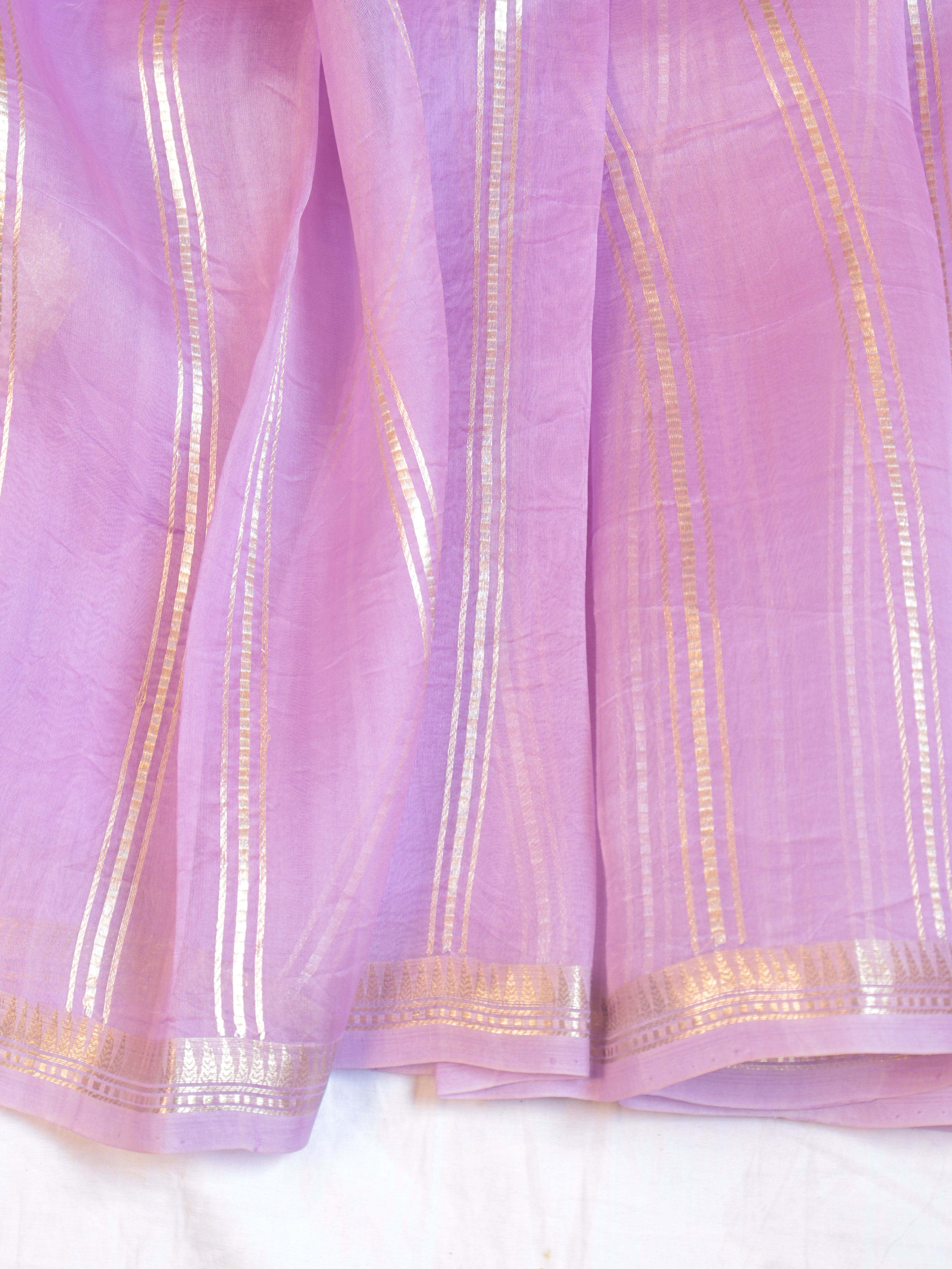 Lavender Pure Kora Silk Handloom Saree with Stripes Blouse