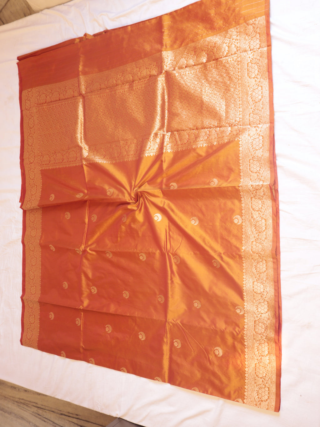 Muted Orange Pure Katan Silk Handloom Chand Phool Saree
