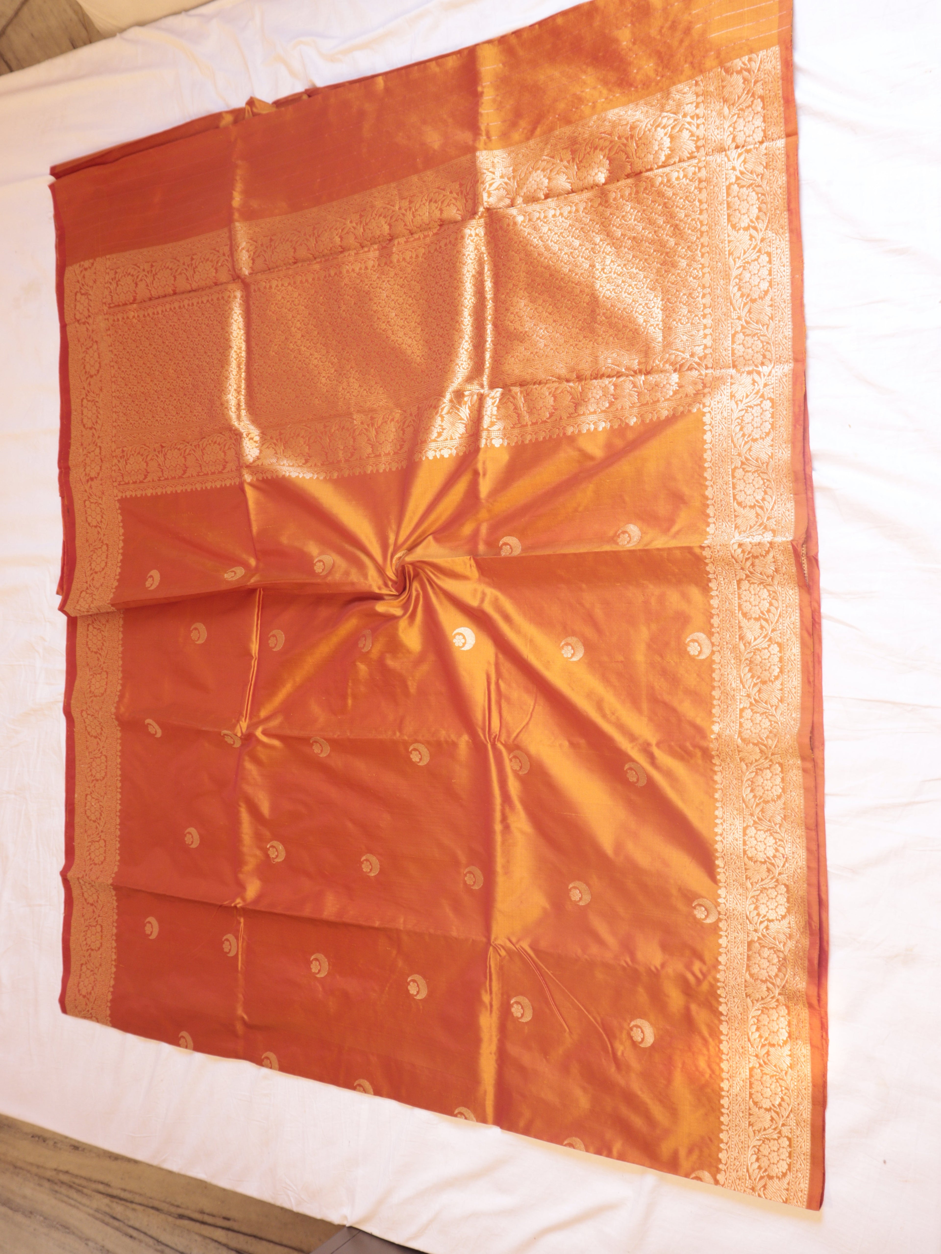 Muted Orange Pure Katan Silk Handloom Chand Phool Saree